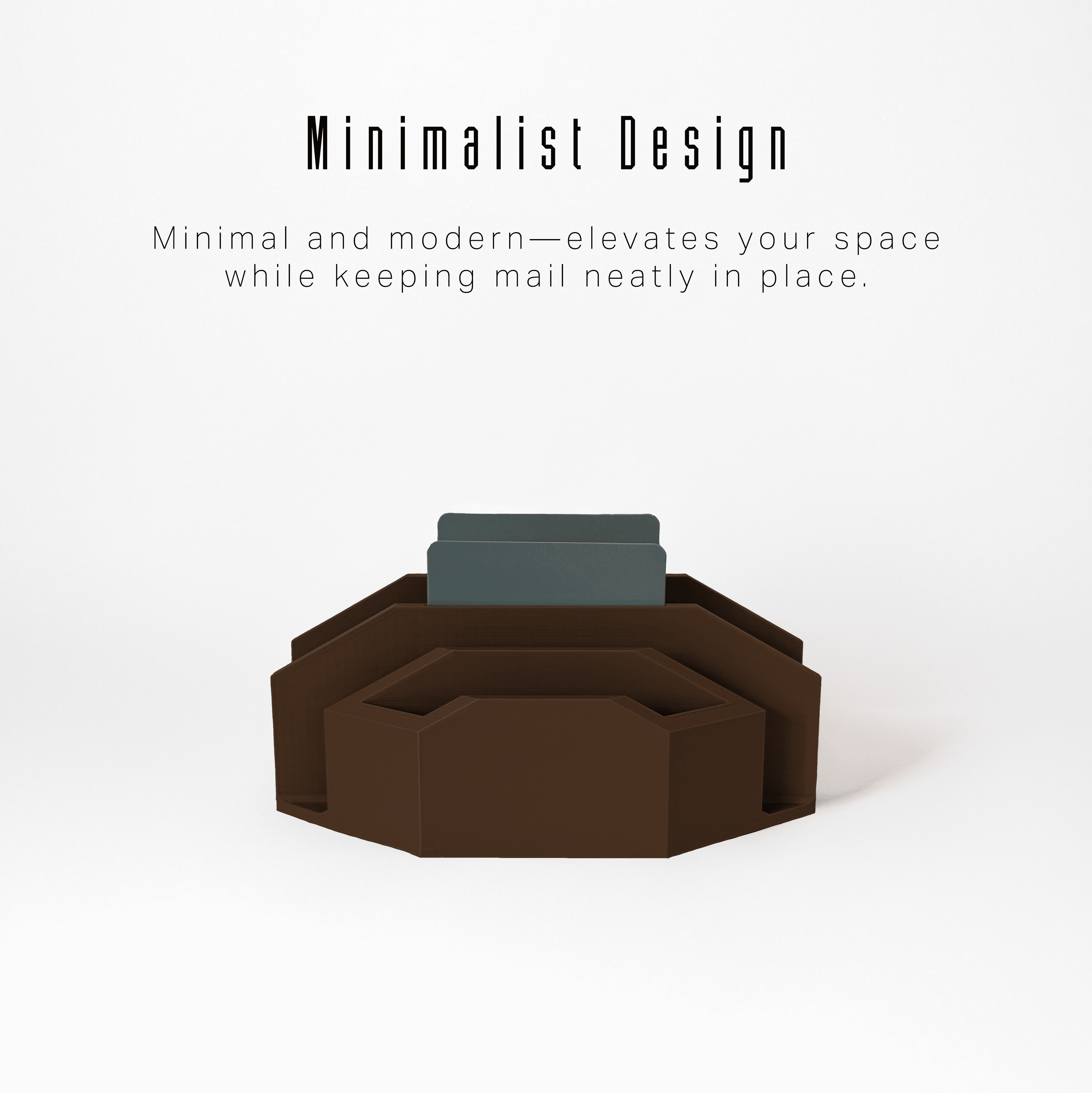 Modern Minimalist Mail Organizer (Coffee Brown) – Compact Desk Mail Holder with Tabs & Small Storage– 3D Printed in Multiple Colors