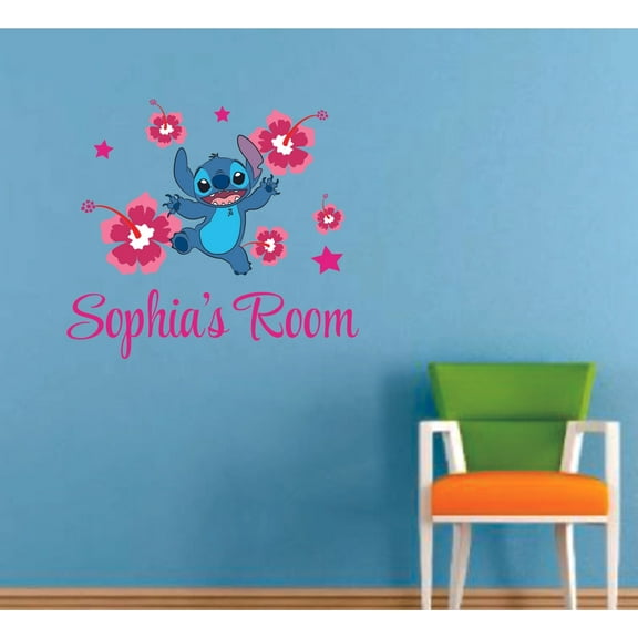 Lilo and Stitch Cute Flowers Cartoon Customized Wall Decal - Custom Vinyl Wall Art - Personalized Name - Baby Girls Boys Kids Bedroom Wall Decal Room Decor Wall Stickers Decoration Size (27x30 inch)