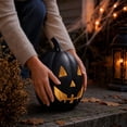 thumbnail image 6 of Halloween Black Pumpkin Lantern Tabletop Decoration, 9" Handmade Resin Pumpkin Lantern Candle Holder, Scary Carved Face, Holds Taper Candles, Indoor/Outdoor Decor, Spooky Black Finish, 6 of 7