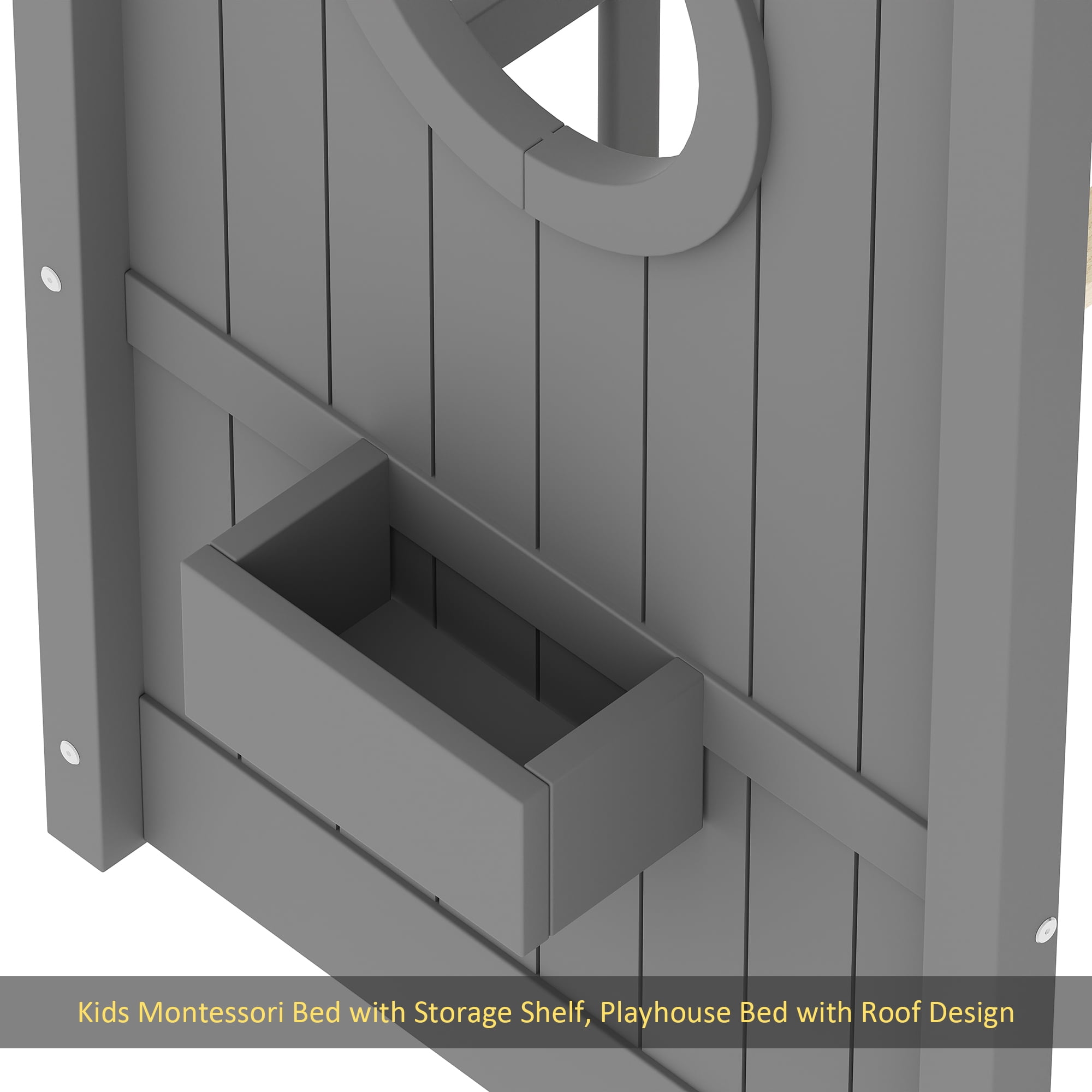 Twin Size Floor House Bed for Toddler, Kids Montessori Bed with Storage Shelf, Playhouse Bed with Roof Design, Gray