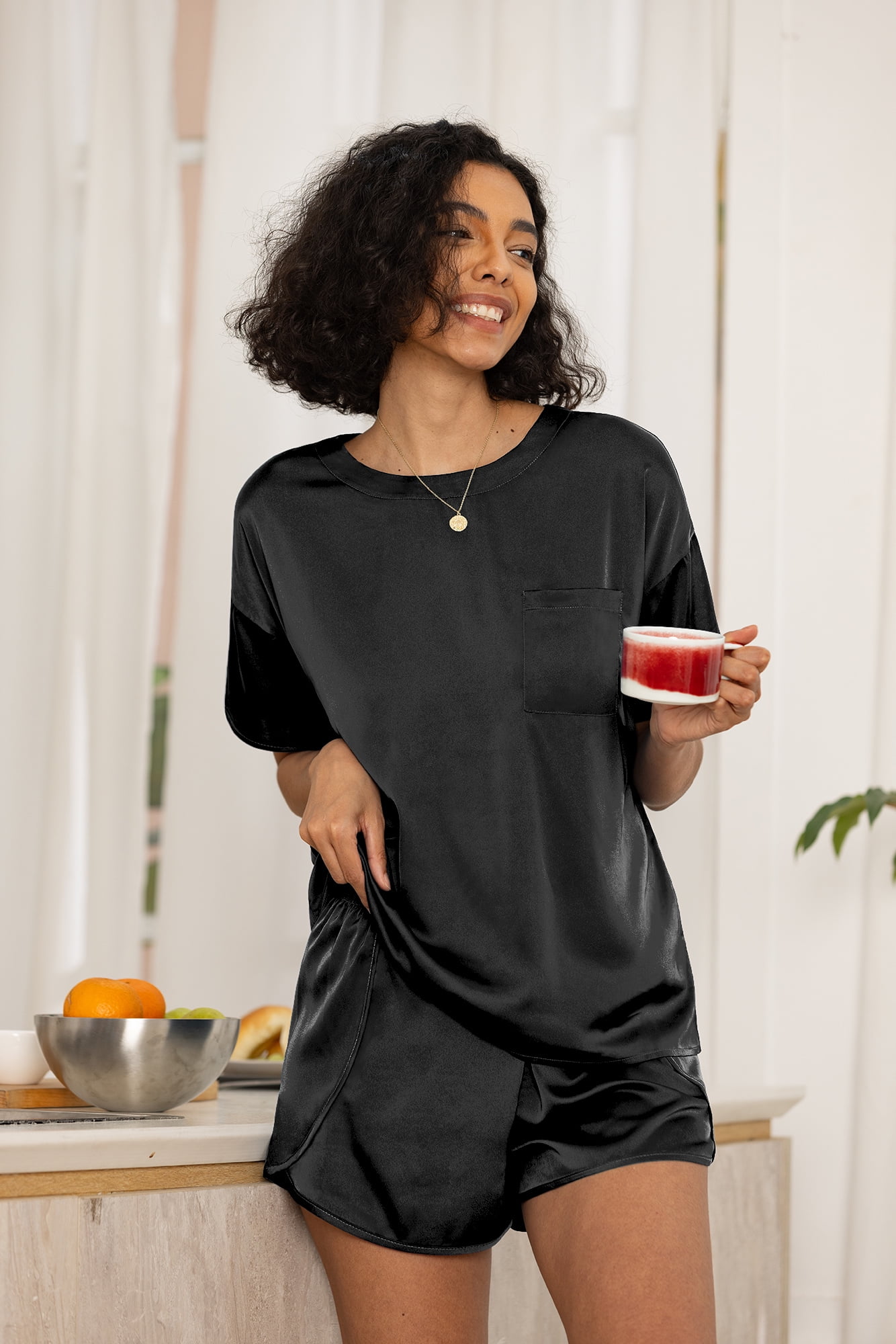 MINTREUS Silk Pajama for Women Short Sleeve Satin Pj Set Two Piece Soft Sleepwear Loungewear