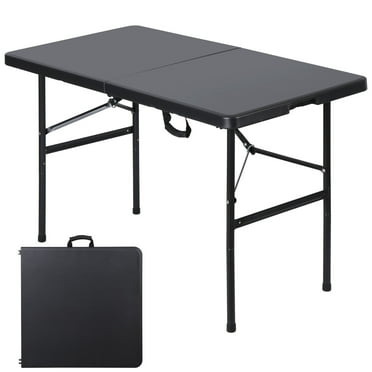 ChicCrest Portable 4 Foot Plastic Folding Table, Indoor Outdoor Heavy Duty Fold-in-Half Picnic Party Camping Barbecues Table with Carrying Handle-Black