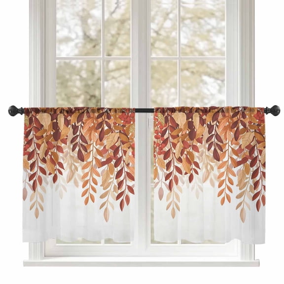 Fall Sheer Curtains 45 inches Long, Watercolor Leaf Orange Leaves Berry Vintage Light Filtering Sheer Window Curtains Rod Pocket Voile Drapes for Bedroom Living Room, 52"W x 45"L 2 Panels