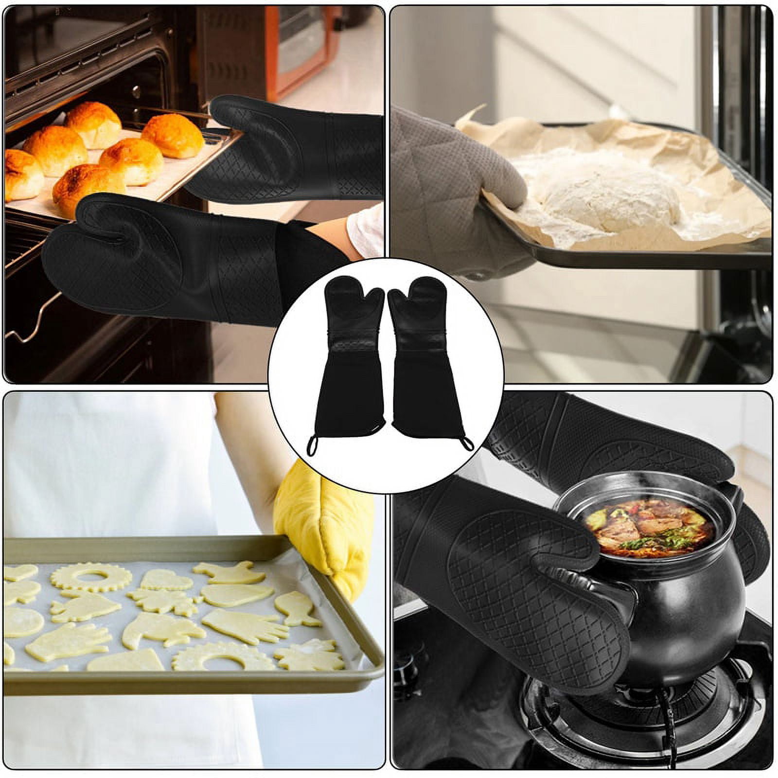 Extra Long Silicone Oven Mitts Heavy Duty Commercial Grade Oven Mitts Heat Bbq Gloves with Quilted Cotton Lining 2 Pack