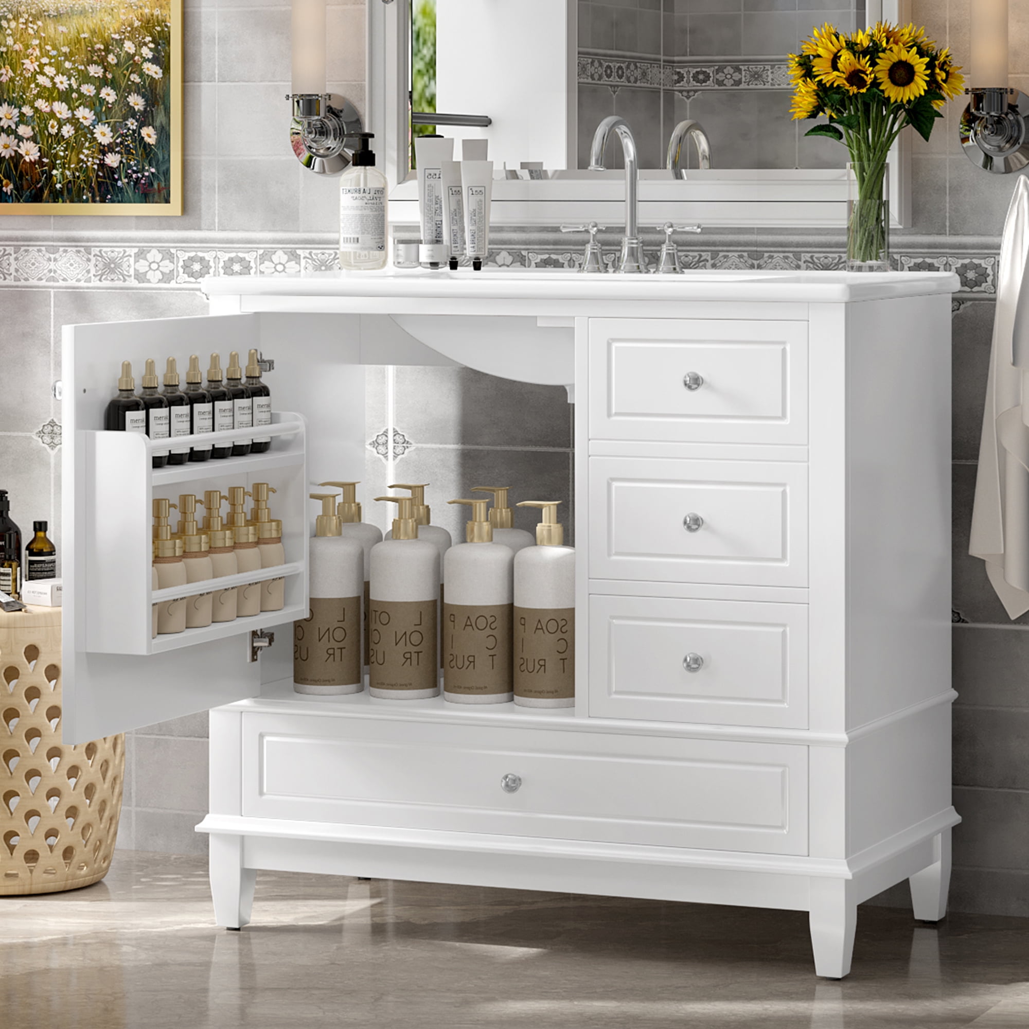 Harper & Bright Designs 36" Bathroom Vanity with Ceramic Sink, Free Standing Single Basin Vanity Set with 3 Drawers & Cabinet with Shelves, Bathroom Sink Storage Cabinet, White