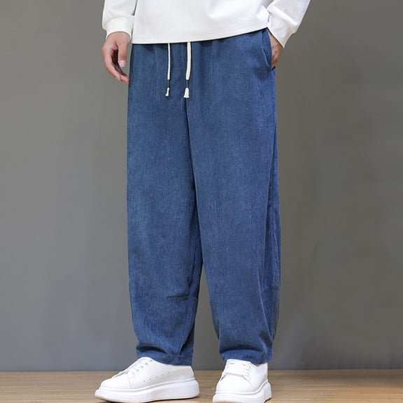Blmnix Travel Pants Men Pants Baggy Palazzo Low Waisted Corduroy Pants Jeans Long Blue Wide-Leg Mens Pants Casual,M