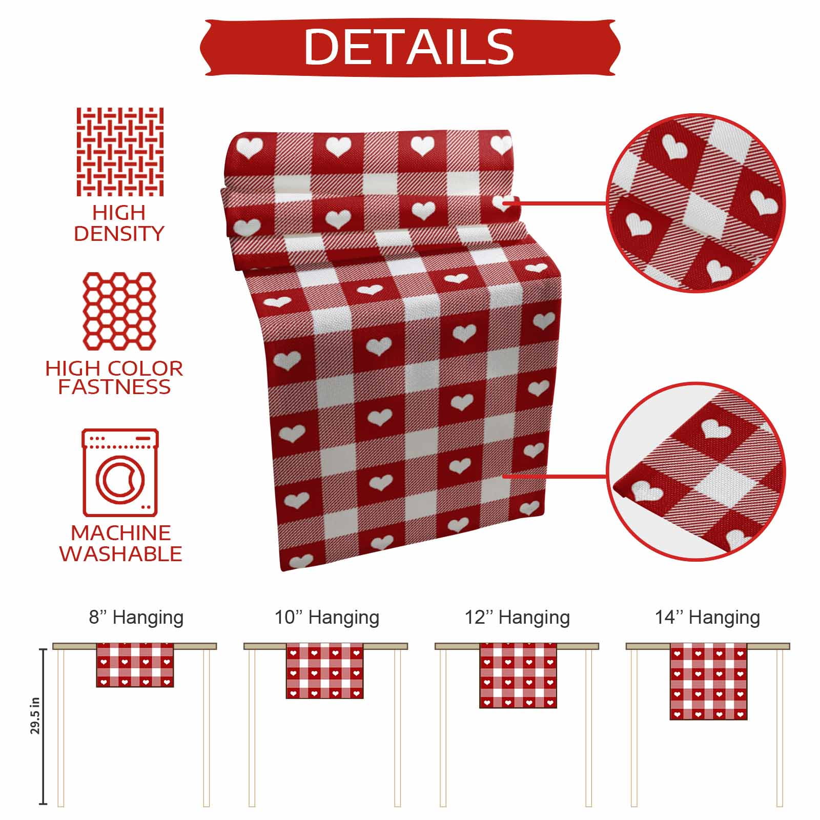 Valentine's Day Cotton Linen Table Runner Romantic Love Heart Red White Plaid Dining Table Runners for Home Decor Party Dining Room Restaurant Kitchen Party 13" x 90"