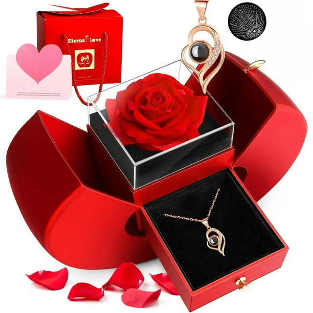 Sdmnsg-T Vraie Rose Préservée avec Cœur Je t'Aime Colliers pour Femmes - Fleurs Rouges Éternelles Cadeaux pour Elle Ensemble Cadeau Romantique pour Petite Amie Anniversaire de Mariage à la Saint-Valentin Fête des Mères Noël