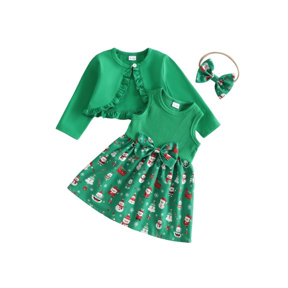 RUINIXCW Toddler Baby Girl Christmas Dress and Cardigan Set Xmas Outfit Infant Baby Girls Fall Winter Sleeveless Tank Dress Long Sleeve Cardigan Headband