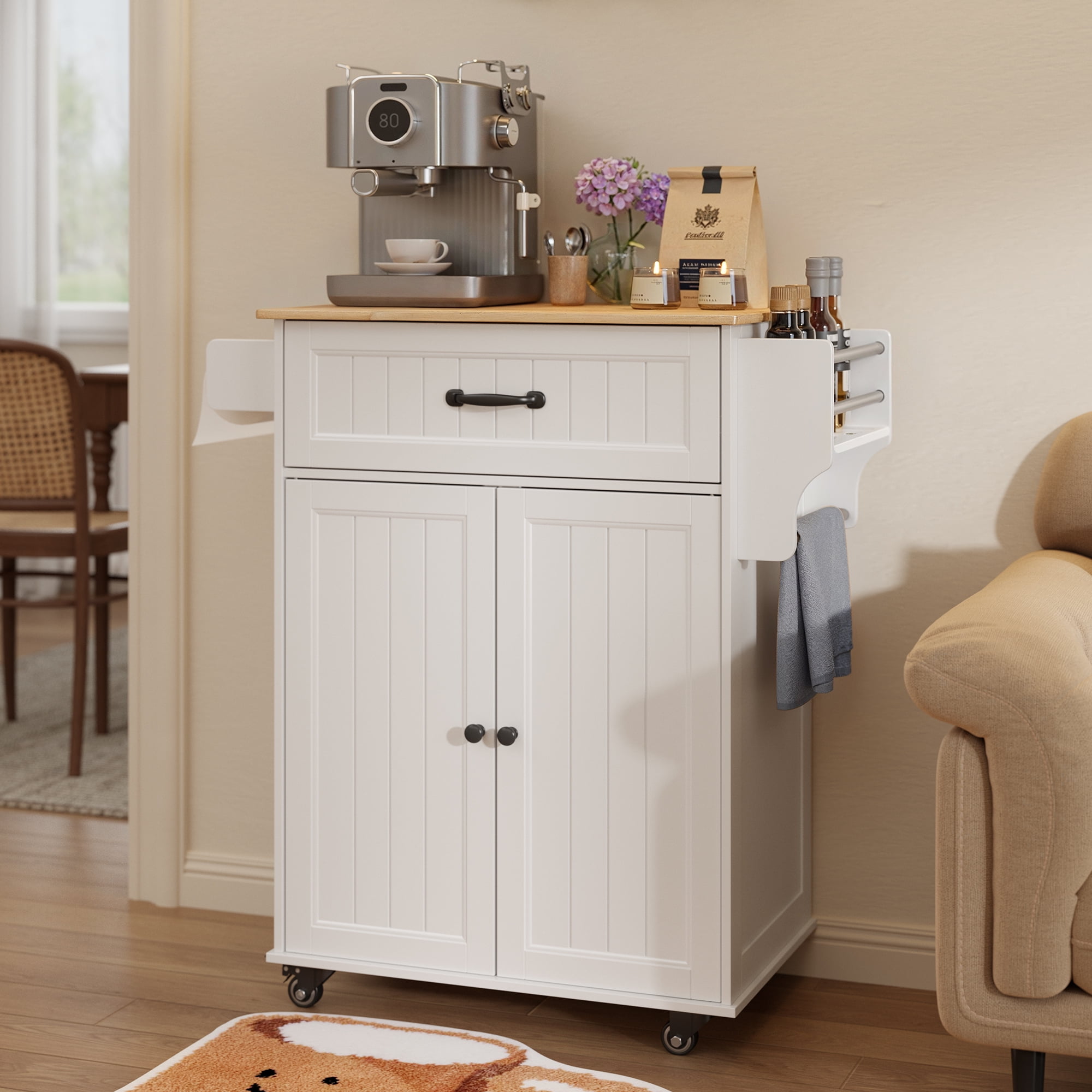 Lofka Kitchen Island Cart with Storage on Wheels, Microwave Stand with Spice Rack & Towel Rack, White Rolling Kitchen Cart with Drawer, Adjustable Shelf for Small Kitchen, Dining Room