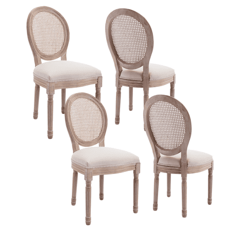 Farmhouse Upholstered Antique Painting Linen Accent Chairs Retro Dining Chairs with Solid Wood Frame and Legs Armless Kitchen Chairs with Round Back Parson Chairs(Cream Set of 4)