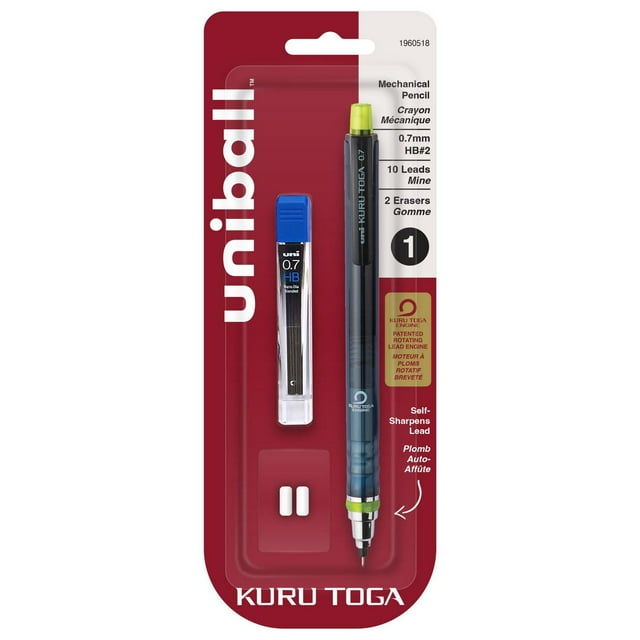 uni® Kuru Toga Mechanical Pencil Starter Kit (0.7mm) HB#2 includes a refillable mechanical pencil with a patented self-sharpening rotating lead engine, 10 extra 0.7mm HB leads in a clear container, and 2 replaceable erasers in red and white retail packaging.