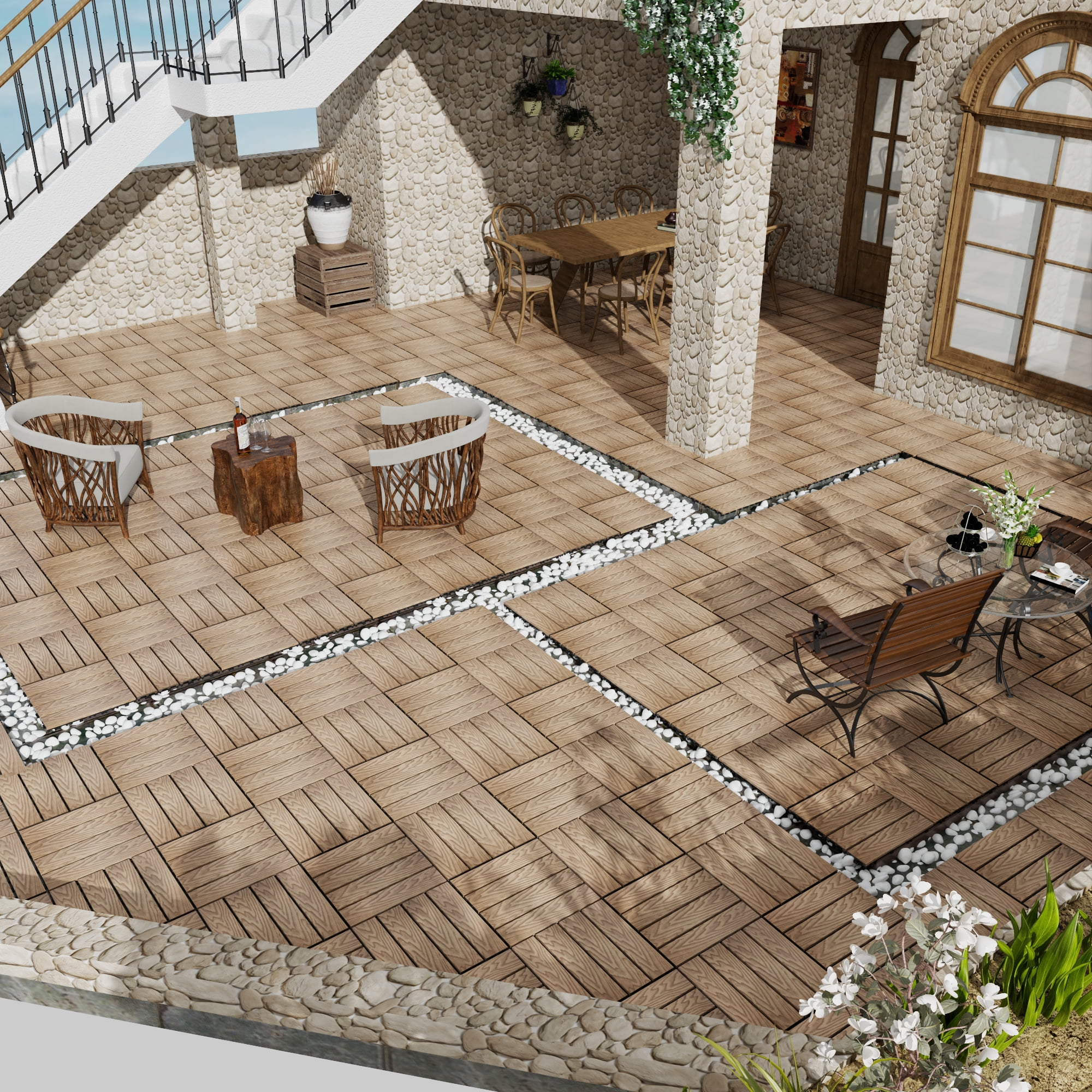Miniyam 11 Pcs Interlocking Deck Tiles, 12" x 12", Wood-Plastic, for Outdoor Balcony Garden, Teak