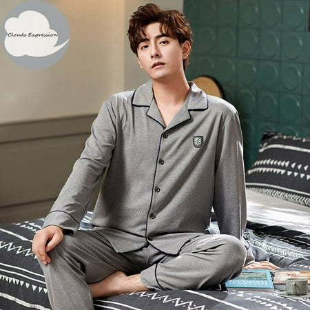 

QWZNDZGR Spring Autumn Knitted Cotton Cartoon Men s Pyjamas Striped Pajamas Set Casual Male Sleepwear Pyjama Night Pijamas 3XL Homewear