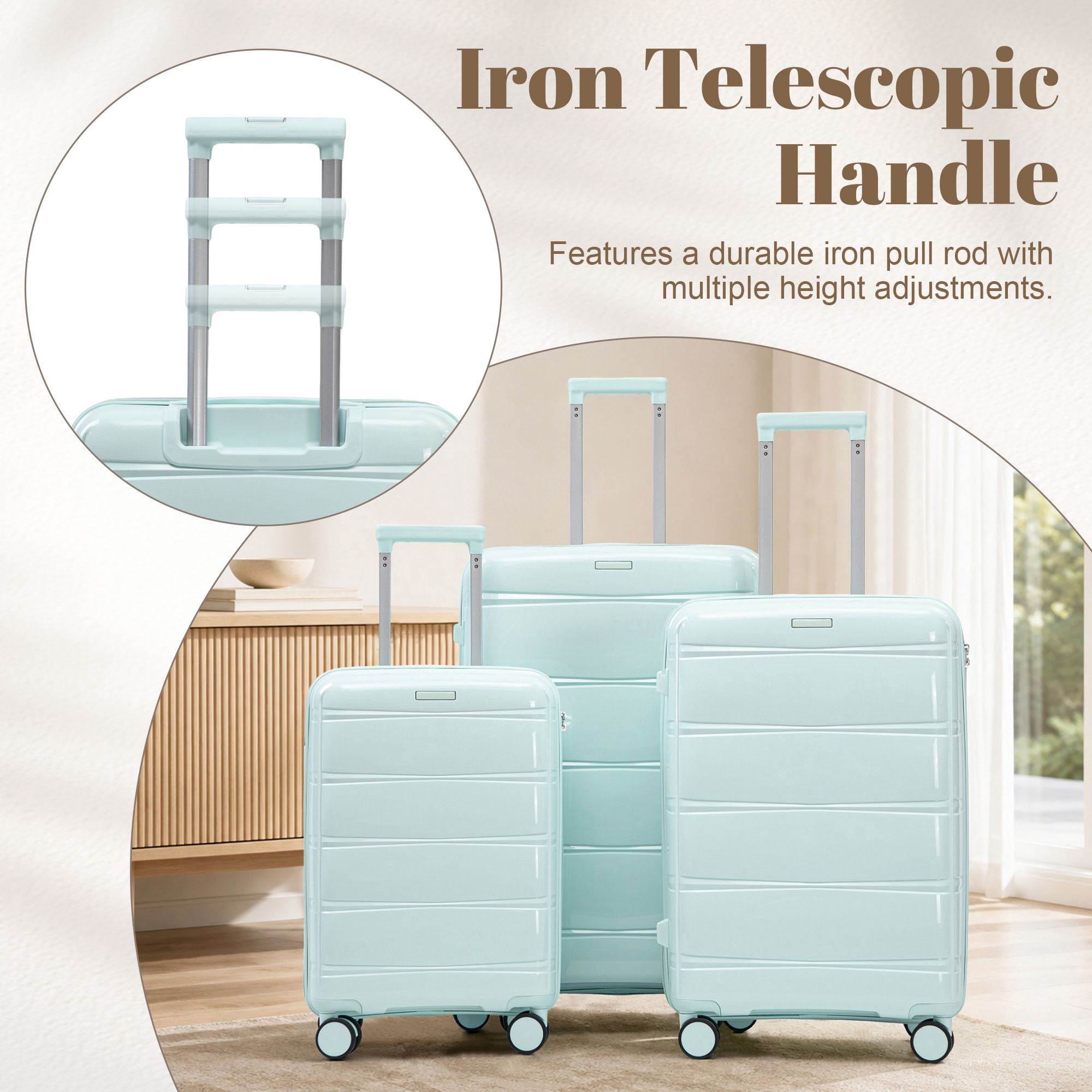 Alvantor 3 Piece Hardshell Luggage Set PP Hardside Suitcase with Iron Telescopic Handle Side Hook 20"24"28"(Mint Green)