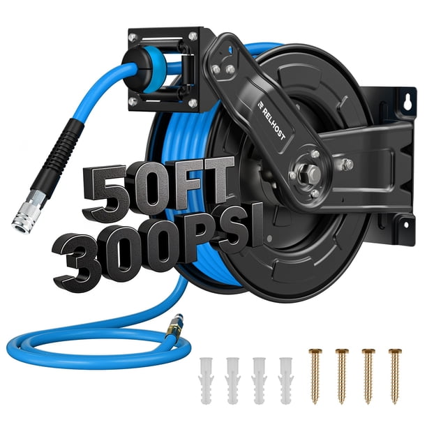 Carrete retráctil para manguera de aire Relhost 15 m x 9,5 mm, híbrida, 300 PSI, retracción automática