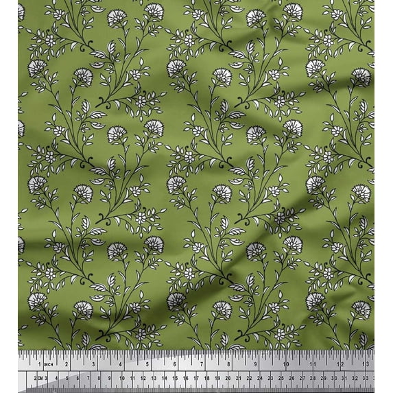 Soimoi Moss Georgette Fabric Leaves & Floral Block Fabric Prints by Yard 42 Inch Wide