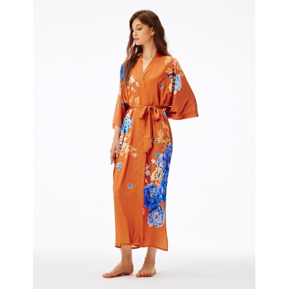PRODESIGN Long Kimono Robe Satin Sleepwear Gradient Watercolor Silky Kimono Nightgown Bathrobe Blouse Cardigan