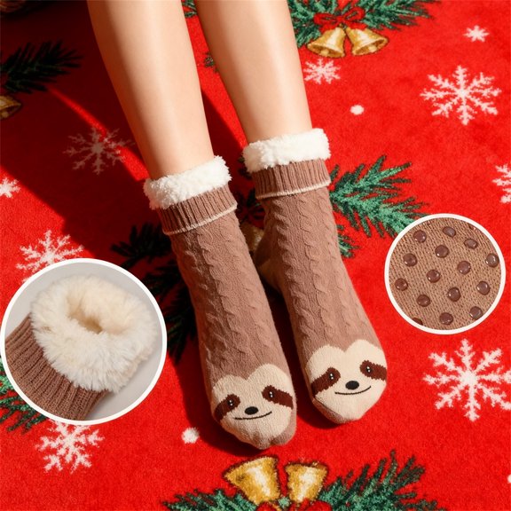 cpengpj Sloth Fuzzy Slipper Socks for Women, Non-Slip Warm Cozy Winter Socks with Grippers, Soft Fleece Lined House Socks Gifts for Mom Christmas