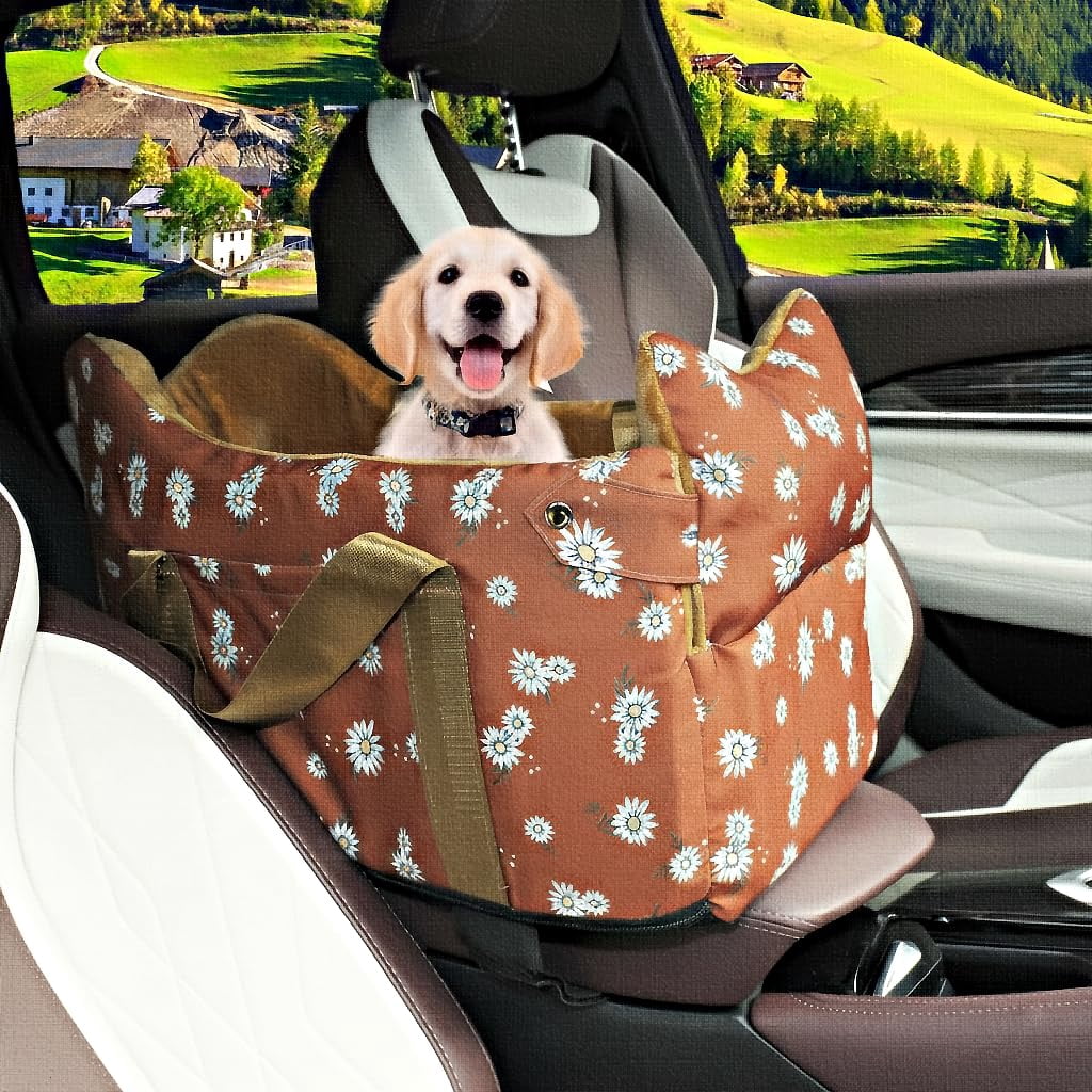 Dog Center Console Car Seat - Small Booster  Portable Armrest Travel With Anti-collapse Design Washable Fluffy Cushion & Pillow Up To 15 Lbs (coffee Color)