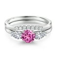 thumbnail image 3 of Gem Stone King 10K White Gold Pink Created Sapphire White Created Sapphire and White Lab Grown Diamond 5 Stone Bridal Engagement Wedding Ring Set for Women (0.92 Cttw, Round, Size 5), 3 of 6