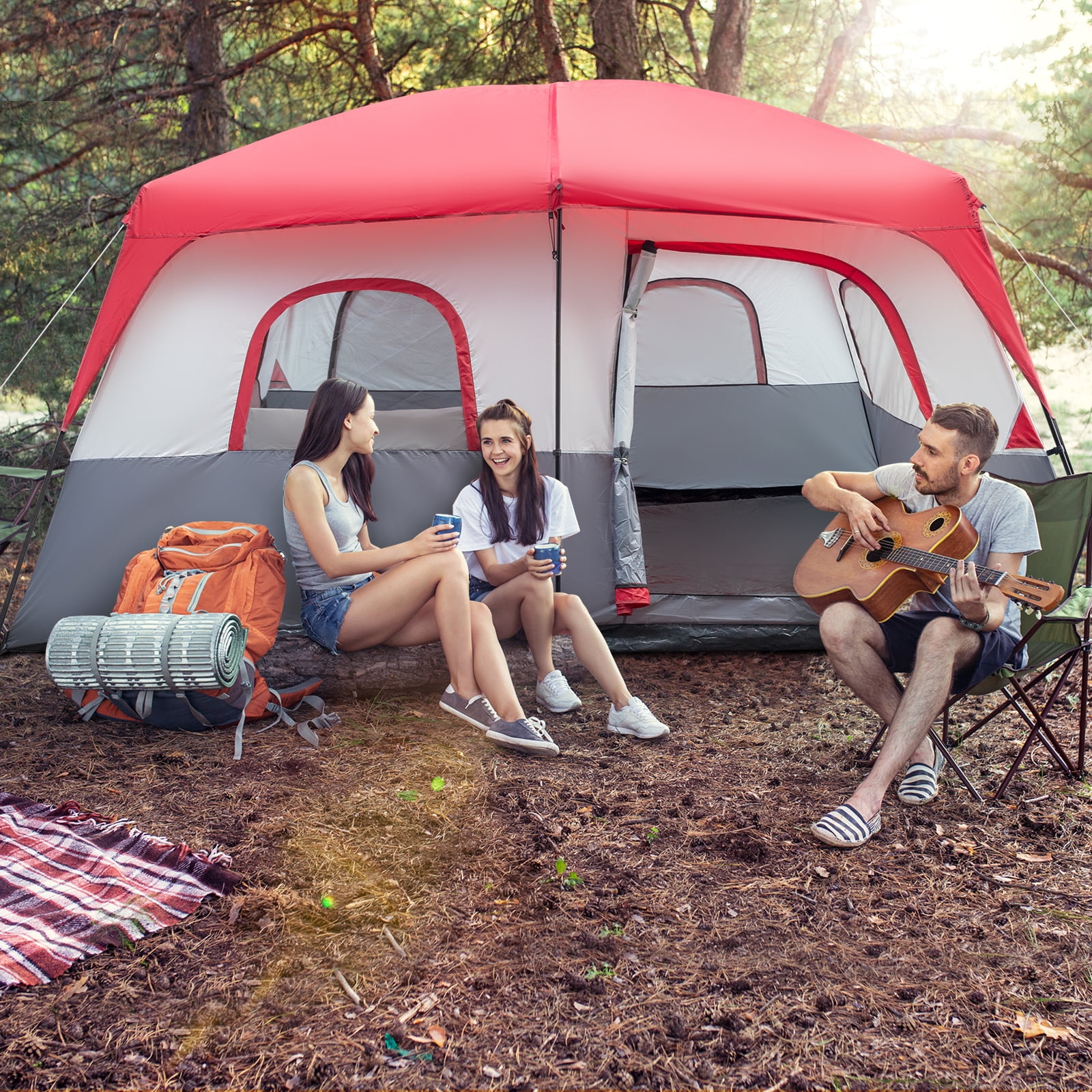 SamyoHome Family Cabin Tent 14 Person  4 Large Ventilation Mesh Windows, Measures 14' x 10' with Dividers Curtain for 2 Room