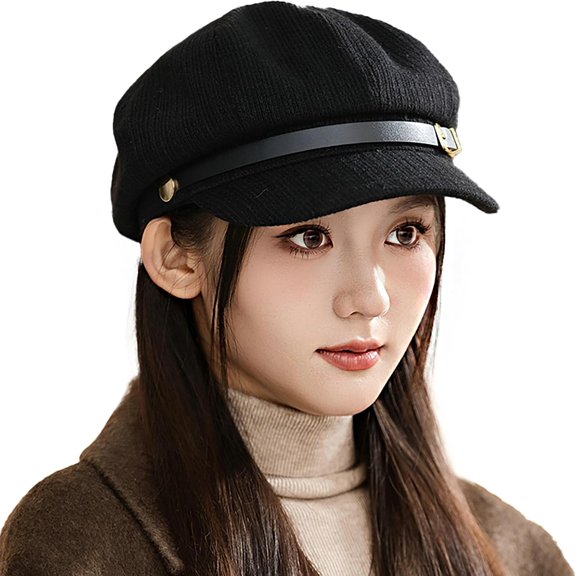 Knitted Beret Hats for Women Vintage Painter Hat Elegant Newsboy Cap with Leather Belt