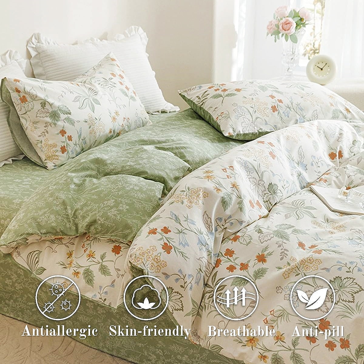 NAYOROOM Green Leaves Duvet Cover King, 3 Pieces Chic Garden Style Botanical Floral Reversible Bedding Sets for Adults