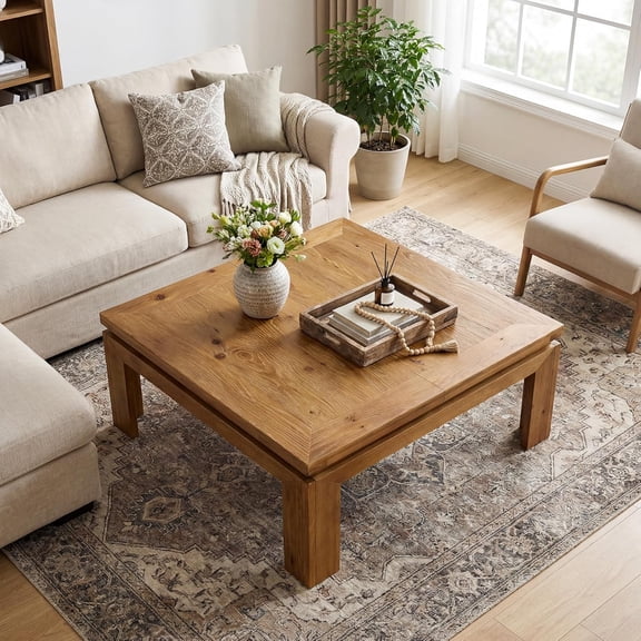 Tribesigns Square Solid Wood Coffee Table, 39.4" Cocktail Center Table, Living Room, Natural Brown