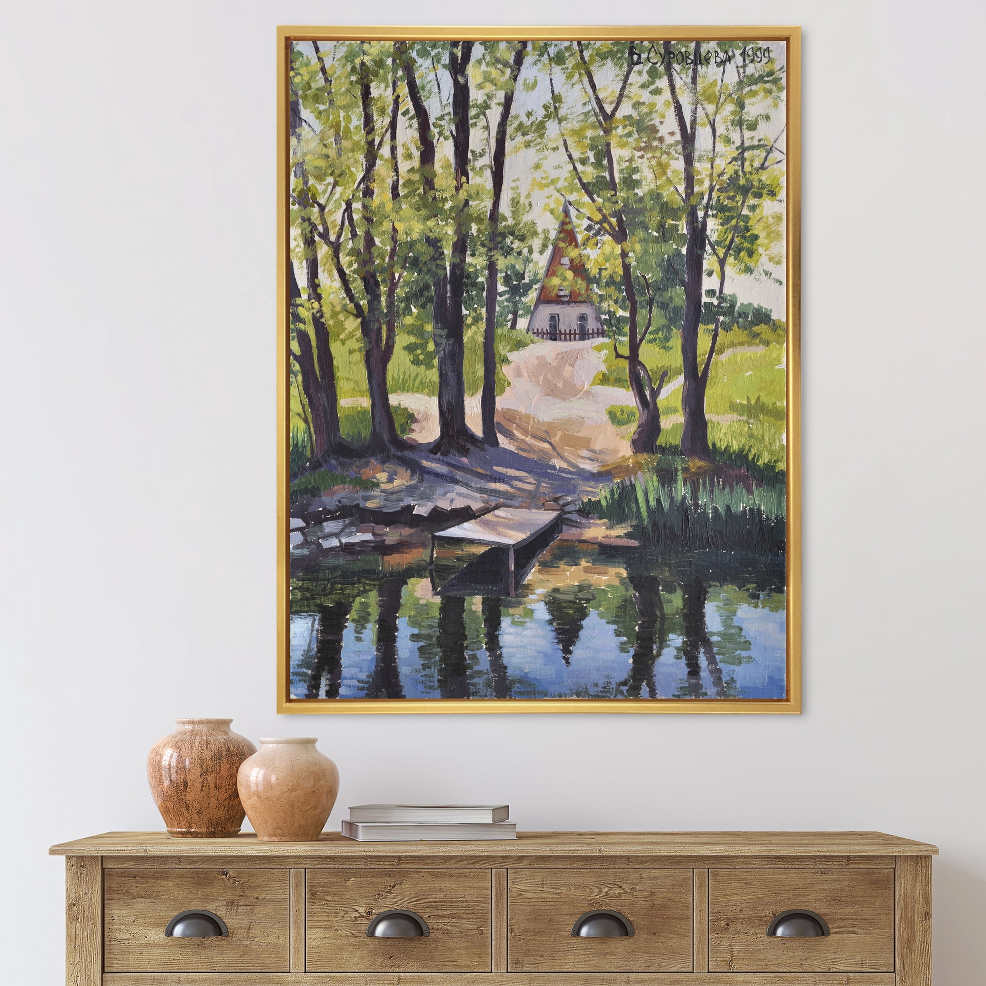 Designart 'Mysterious Countryside House By The River In The Woods' Lake House Framed Canvas Wall Art Print