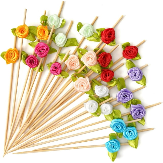 Pack de 100 Palillos Decorativos de Bambú con Rosas Multicolor de 4.7 Pulgadas para Cócteles Bodas y Fiestas