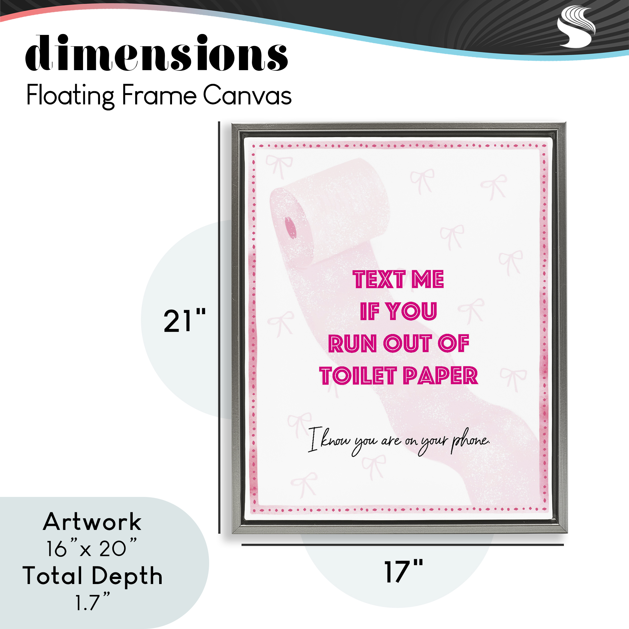 Pink Text for Toilet Paper Gray Framed Floater Canvas Wall Art, design by Ziwei Li