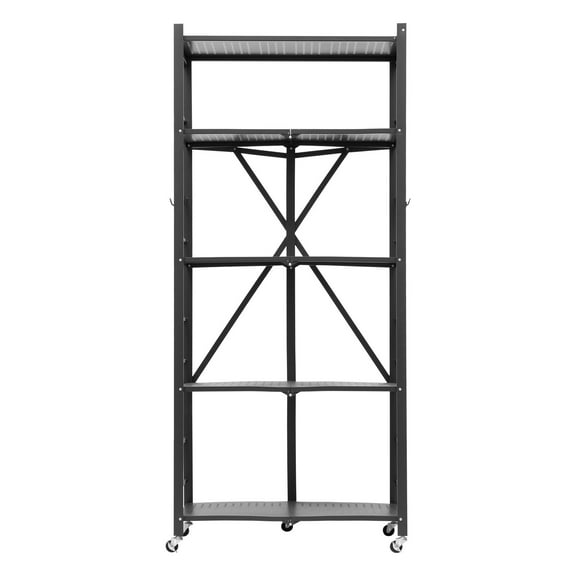 KFFKFF 5-Tier Foldable Storage Shelf with Wheels, 28-inch W x 15-inch D x 64-inch H Folding Metal Rack, Durable No-Assembly Organizer for Garage, Kitchen, Basement, Black