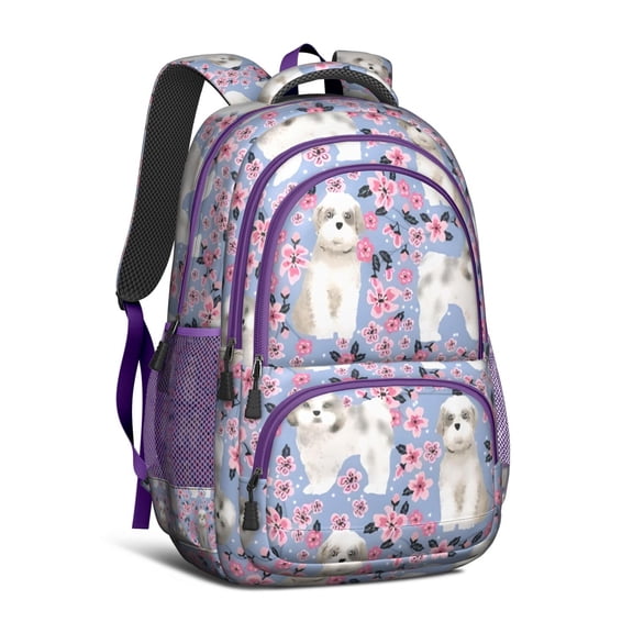 Bichon Dog Purple Florals Backpack for School,Cute School Bag,Schoolbag with Adjustable Shoulder Straps & Padded Back,16.9 Inch