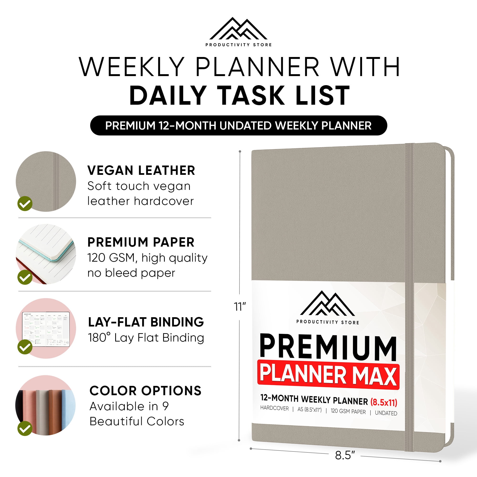 Productivity Store Undated Calendar Planners & Appointment Book, 8.5" x 11", Gray, 365 Pages