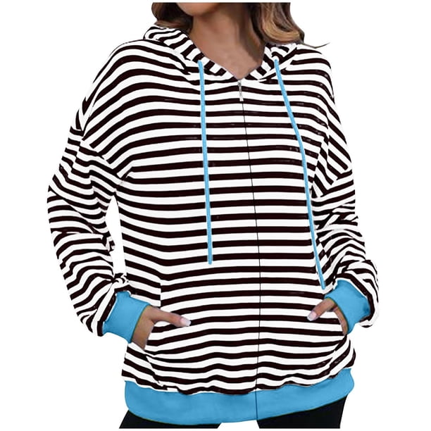 Chaquetas y abrigos casuales con capucha y manga larga para mujer Chaqueta casual con capucha y cremallera de manga larga con estampado a rayas para mujer Top de poliéster para mujer
