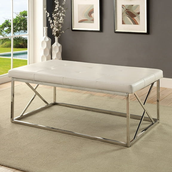 Furniture of America Motto Faux Leather Tufted Bench, White