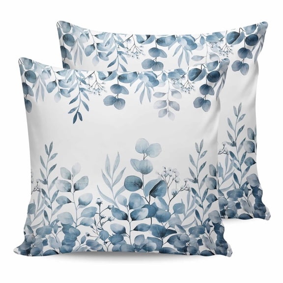 Pillow Covers 20x20 Set of 2, Blue Eucalyptus Leaves Throw Pillow Covers Decorative Couch Cushion Cover, Watercolor Spring Summer Botanical Microfiber Soft Square Pillowcases for Bedroom Sofa
