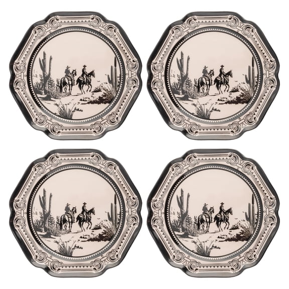 Karma, 8.75 inches Melamine Salad Plates Set of 4, Reusable Dishwasher Safe Plates for Outdoor and Indoor, Gothic Cowboy