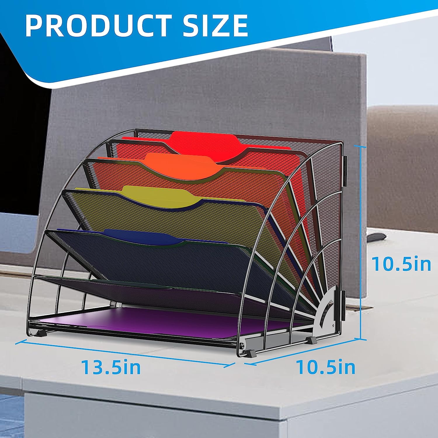 INTIGE Fan Shaped Desk File Organizer, 6 Compartments,Desk Storage for Office, Black