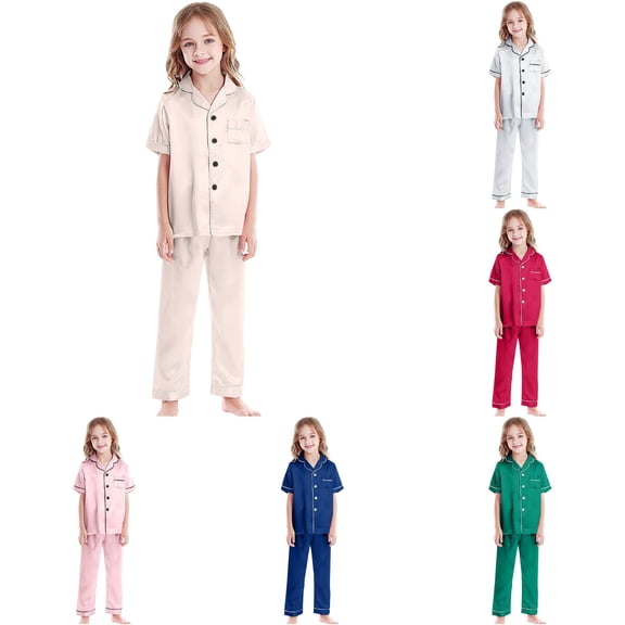 ZXLBBD Girls 2 Piece Satin Pajamas Set Silk Pj's Short Sleeve Button Down Sleepwear Long Pants Button Down Kids Nightwear Clothes Sets,Khaki,Size 10 Y-11 Y