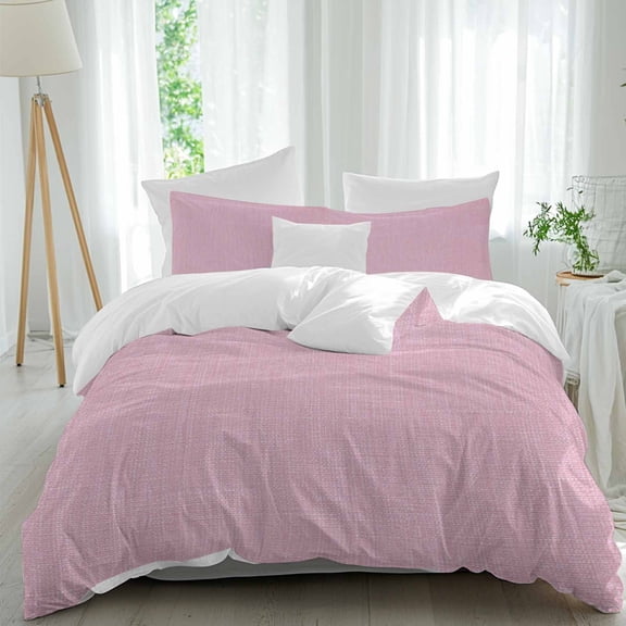 3 Piece Pink Burlap Texture Duvet Cover Set Full Size, Microfiber Comforter/Quilt Cover with Corner Ties and 2 Pillowcases, Farmhouse Vintage Pink All Season Soft Bedding with Zipper Closure
