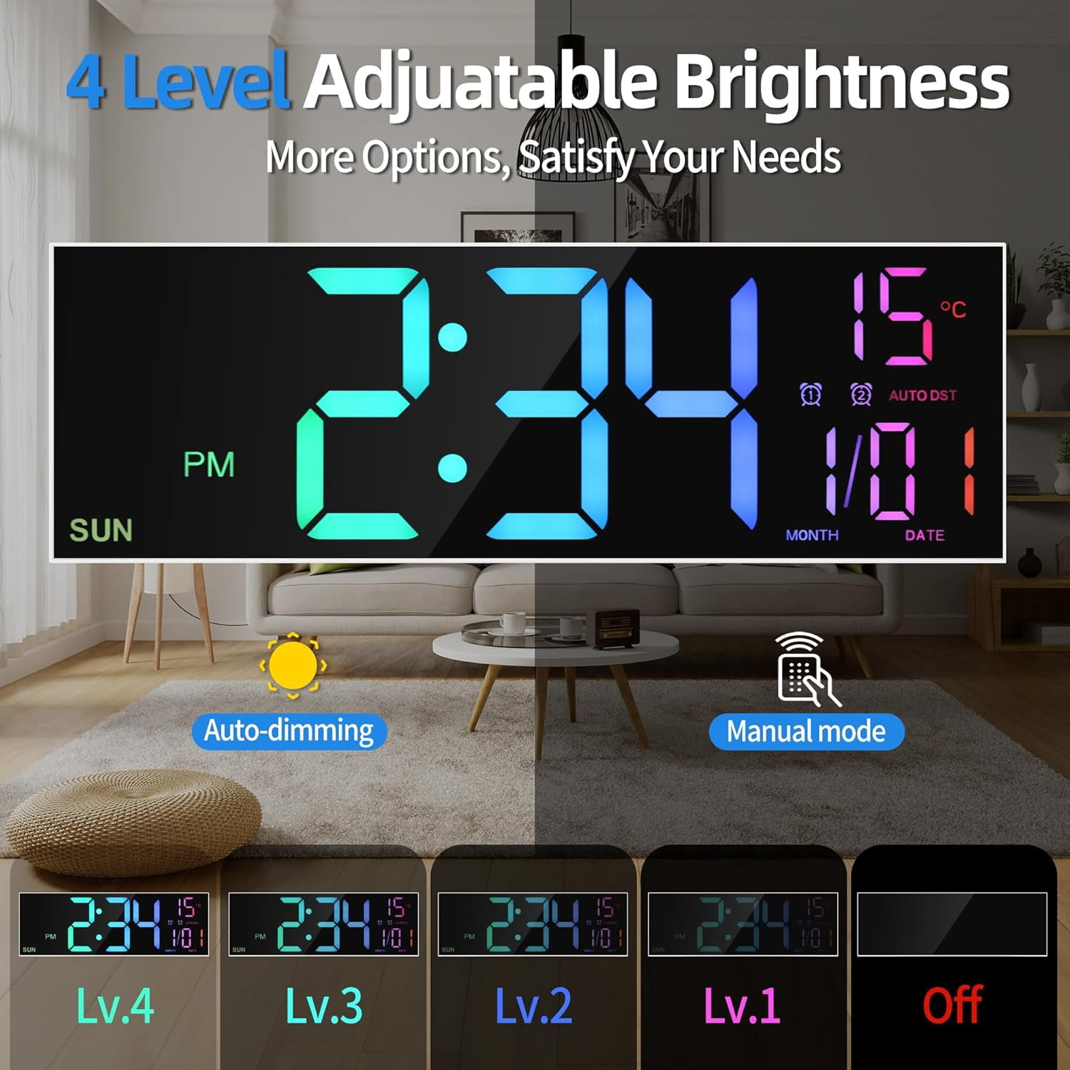LEIKE Digital Wall Clock for Classroom Livingroom Game Home Decor with LED Display RGB Lights, BIuetooth Sync, Dual Alarms, Auto DST, Countdown, Remote Control, Temperature