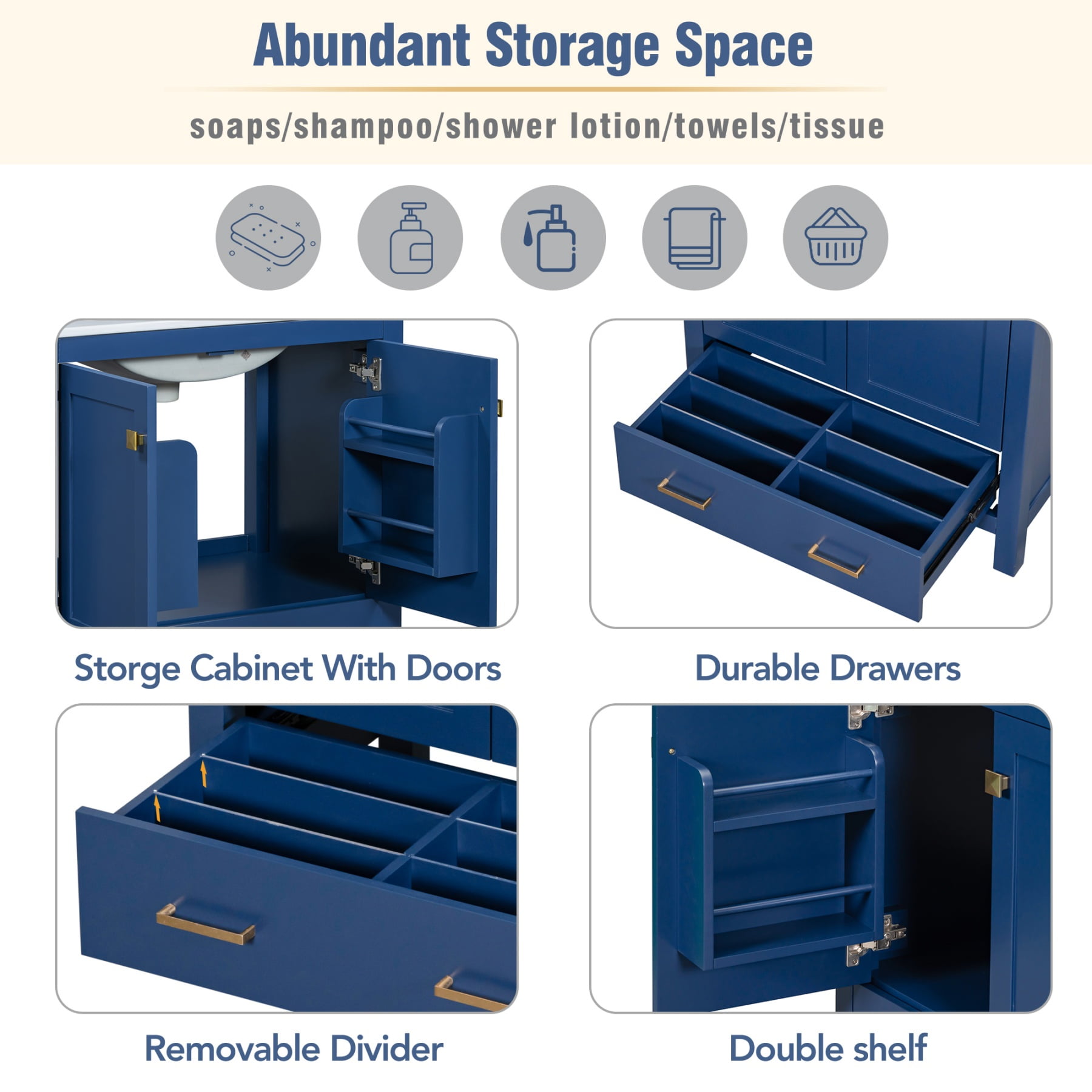 30" Bathroom Vanity with Single Sink,Combination Under Counter Sink,Bathroom Storage Cabinet with 2 Doors and a Drawer,Multifunctional Storage,Blue