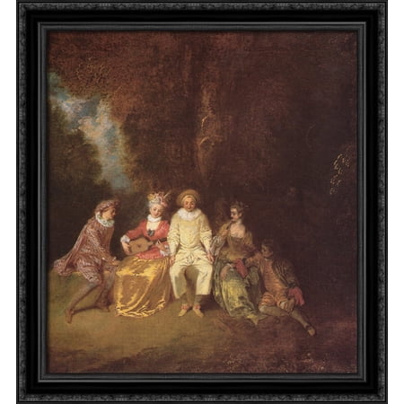 Pierrot content 28x32 Large Black Ornate Wood Framed Canvas Art by Jean Antoine Watteau