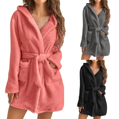 

GuliriFei Women Fleece Hooded Bathrobe Plush Long Sleeve Soft Robe with Belt Autumn Winter Nightgown Sleepwear