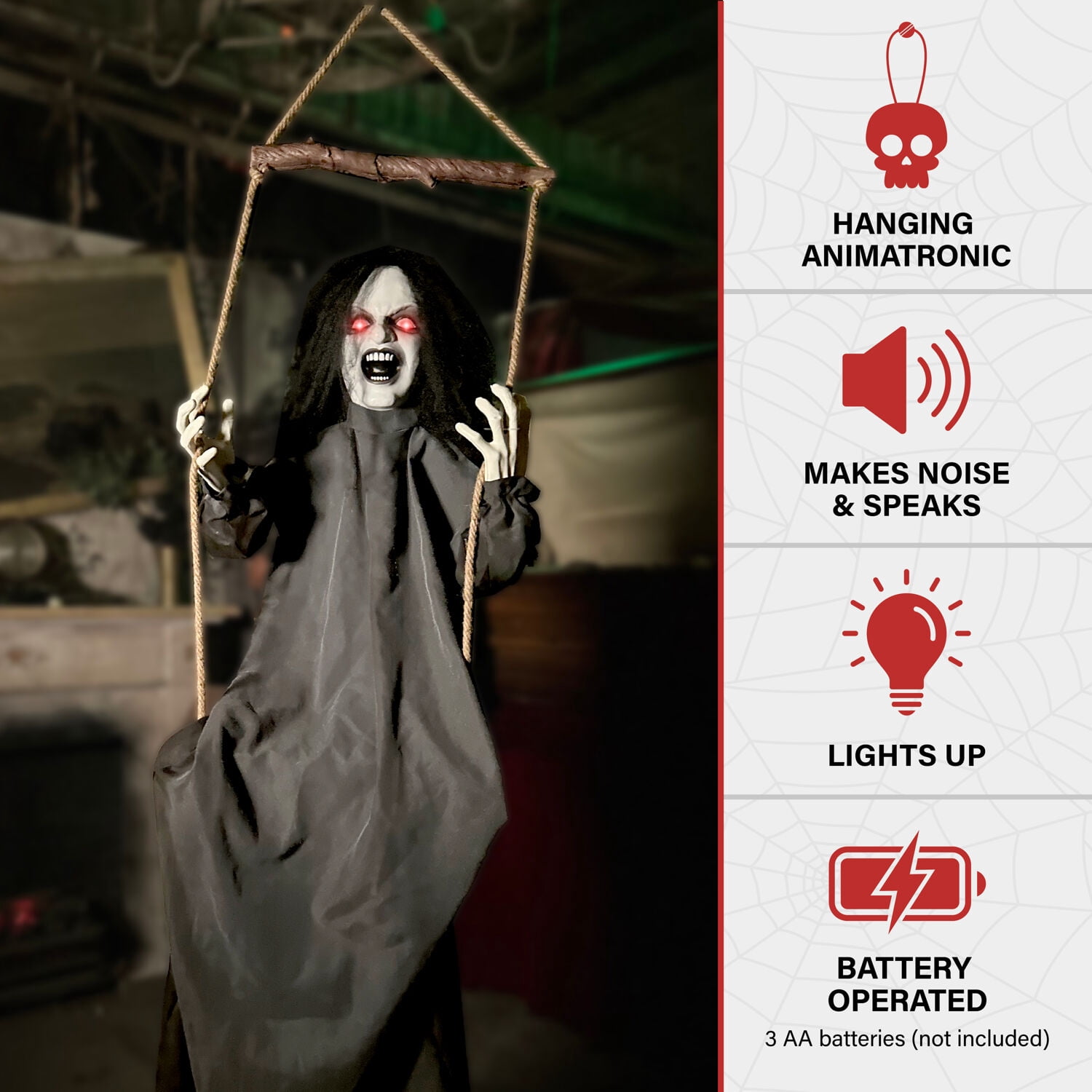 Haunted Hill Farm 15.7 in Animatronic Demon Woman on Swing with Lights and Sound, Halloween Decoration, HHGIRL-10HLSA