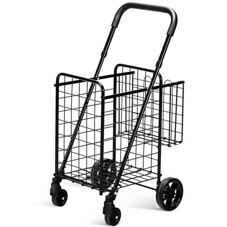 Costway Folding Shopping Cart Jumbo Basket Rolling Utility Trolley Adjustable Handle (Best Shopping Trolley Reviews)