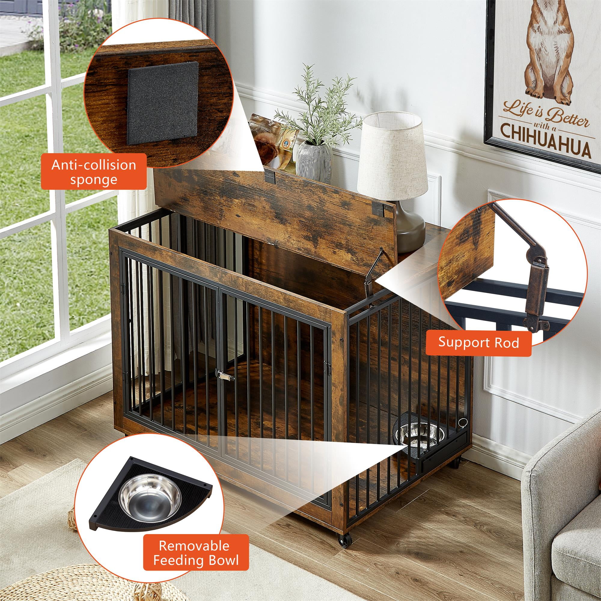 Pefilos 43" Dog Crate with Rotatable Feeding Bowl, Wheels, Three Doors Kennel Flip-Up Top Opening, Furniture Style Dog Cage for Indoor Dogs, Brown Pefilos 43" Dog Crate with Rotatable Feeding Bowl, Wheels, Three Doors Kennel Flip-Up Top Opening, Furniture Style Dog Cage for Indoor Dogs, Brown