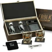 Premium Whiskey Stones Gift Set for Men - 2 King-Sized Chilling Stainless-Steel Whiskey Balls - 2 XL Whiskey Glasses, Slate Stone Coasters, Freezer Pouch & Tongs - Luxury Set in Unique Pine Wood Box